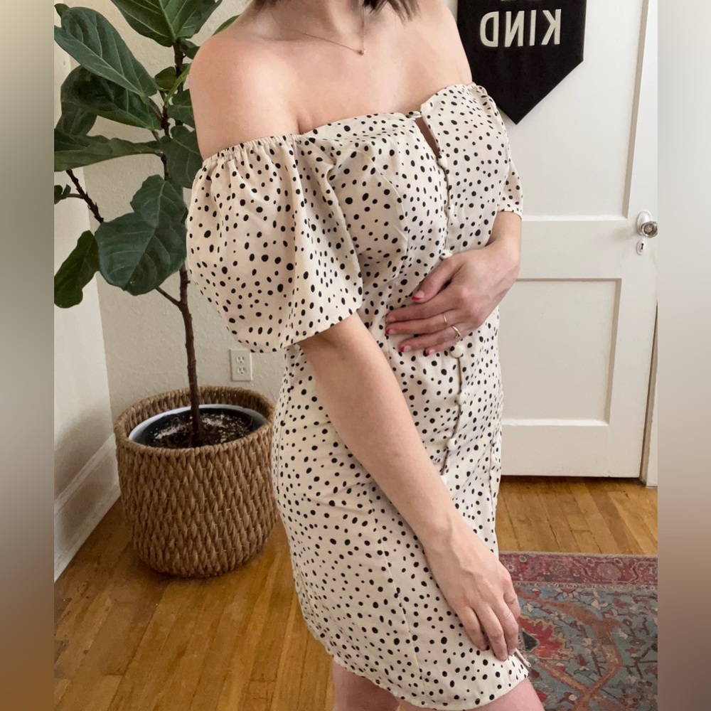 Cream Off-Shoulder Polka Dot Button Detail Dress